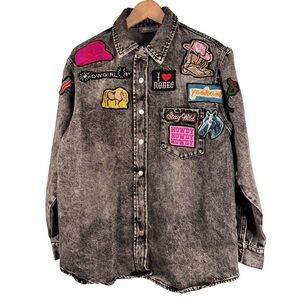 Blue B Collection Western Patch Denim Shirt Jacket Size Medium Black Snap Button